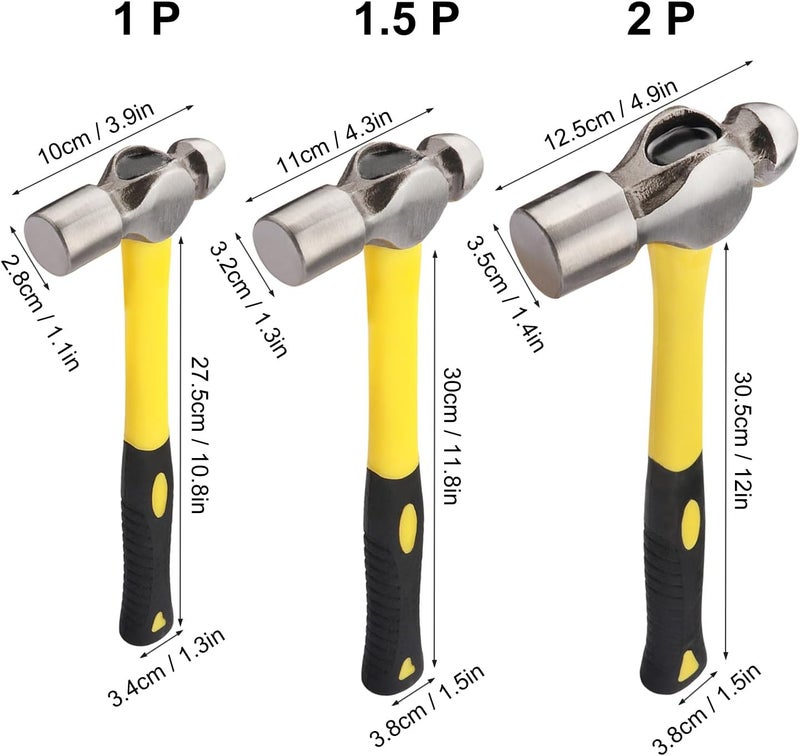 GENHAKON 3 PCS Ball Pain Hammer Set, 16oz+24oz+32oz, Sheet Metal Hammer, Ball-Peen Hammer with Forged Steel Head and Rubber Handle, by . - Image 2